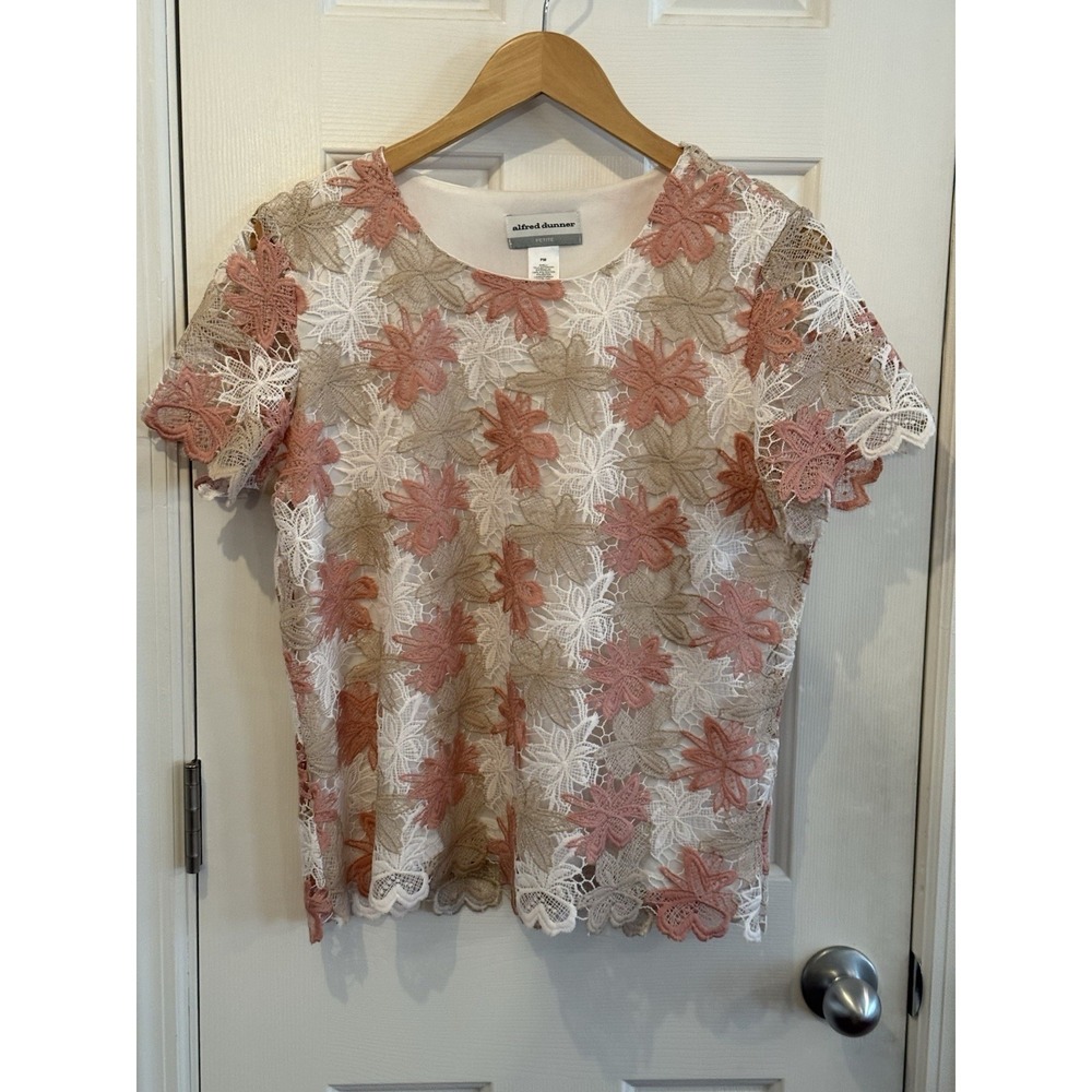 vintage alfred dunner White Pink Floral Lacey Blouse‎ Size Petite Medium